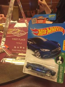 TESLA first place trophy with Hot Wheels Tesla Model S